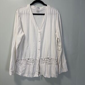 Vintage I.S.C. White Linen Blend Crochet Trim Button Up Blouse XL Lagenlook